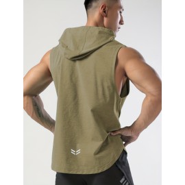 Men's Sleeveless Drawstring Hooded Vest With Reflective Patterns  Activewear Tank Top For Gym Workout