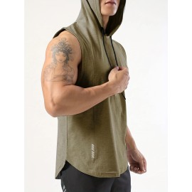 Men's Sleeveless Drawstring Hooded Vest With Reflective Patterns  Activewear Tank Top For Gym Workout