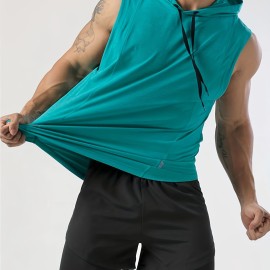 Men's Sleeveless Drawstring Hooded Vest With Reflective Patterns  Activewear Tank Top For Gym Workout