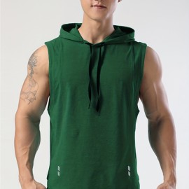 Men's Sleeveless Drawstring Hooded Vest With Reflective Patterns  Activewear Tank Top For Gym Workout