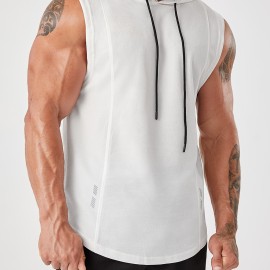 Men's Sleeveless Drawstring Hooded Vest With Reflective Patterns  Activewear Tank Top For Gym Workout