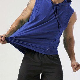 Men's Sleeveless Drawstring Hooded Vest With Reflective Patterns  Activewear Tank Top For Gym Workout