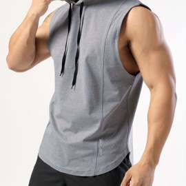 Men's Sleeveless Drawstring Hooded Vest With Reflective Patterns  Activewear Tank Top For Gym Workout