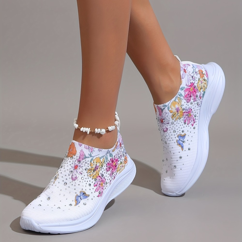 Women's Rhinestone Decor Slip On Sneakers with Floral & Butterfly Print - Breathable Knit Running Shoes