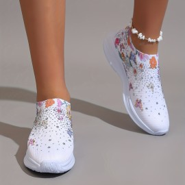 Women's Rhinestone Decor Slip On Sneakers with Floral & Butterfly Print - Breathable Knit Running Shoes