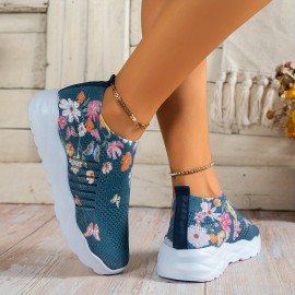 Women's Rhinestone Decor Slip On Sneakers with Floral & Butterfly Print - Breathable Knit Running Shoes