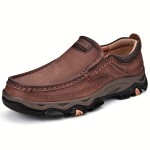 Plus Size Men's Top Grain Leather Solid Colour Slip On Loafer Shoes, Comfy Non Slip Rubber Sole Walking Shoes For Men's Outdoor Activities