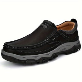 Plus Size Men's Top Grain Leather Solid Colour Slip On Loafer Shoes, Comfy Non Slip Rubber Sole Walking Shoes For Men's Outdoor Activities