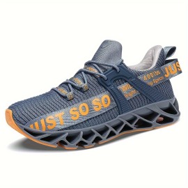 Men's Trendy Woven Knit Breathable Blade Type Sneakers With Good Shock Absorption, Comfy Non Slip Lace Up Durable Shoes For Men's Outdoor Activities