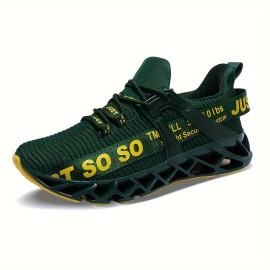 Men's Trendy Woven Knit Breathable Blade Type Sneakers With Good Shock Absorption, Comfy Non Slip Lace Up Durable Shoes For Men's Outdoor Activities