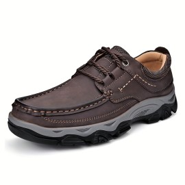 Plus Size Men's Top Grain Leather Vintage Solid Colour Old School Style Walking Shoes, Comfy Non Slip Rubber Sole Lace Up Shoes For Men's Outdoor Activities