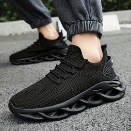 Men's Solid Woven Knit Breathable Blade Type Shoes, Comfy Non Slip Lace Up Soft Sole Sneakers For Men's Outdoor Activities