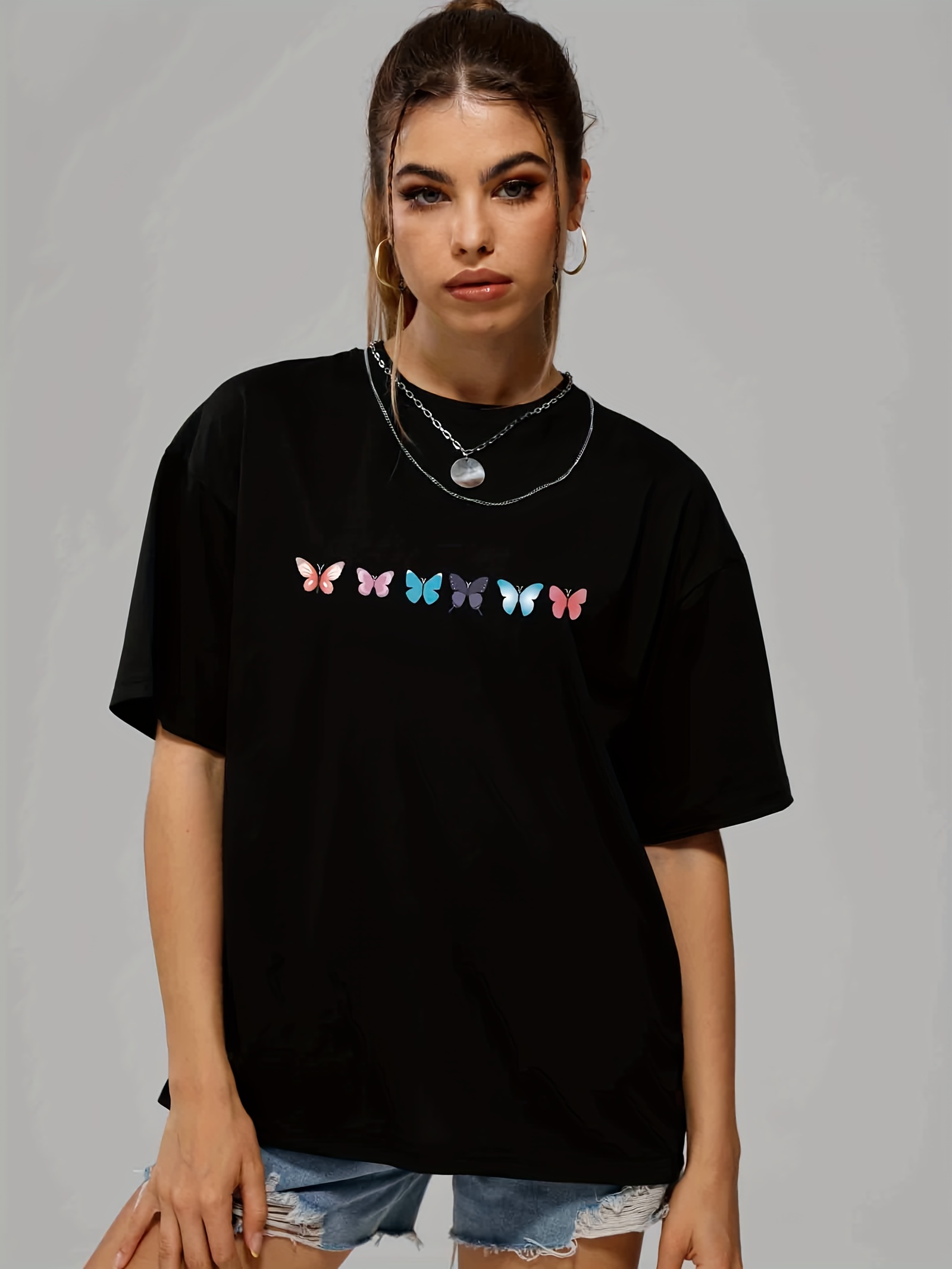 butterfly print casual sports t shirts solid crew neck hip hop summer tee womens clothing details 4