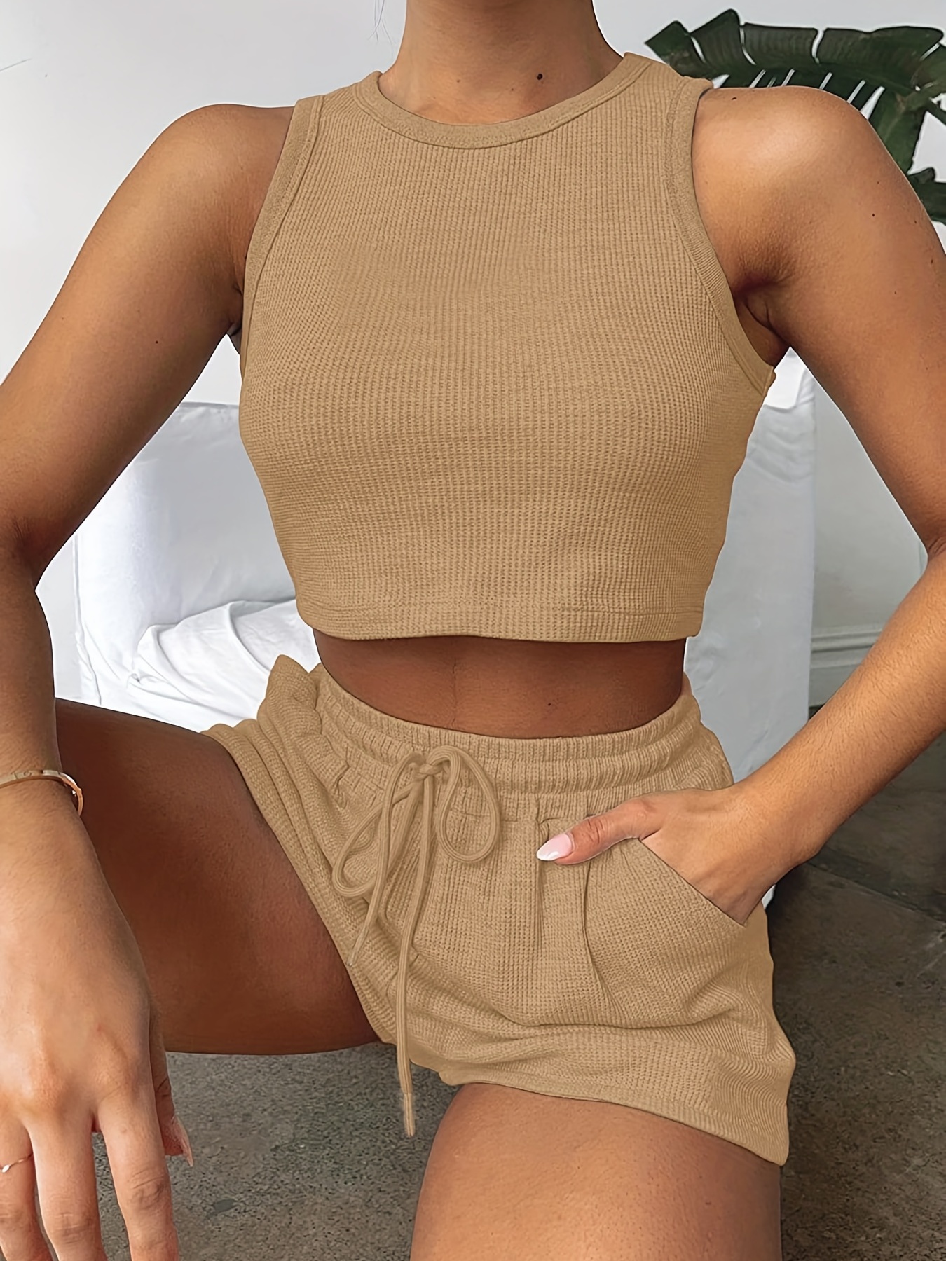 2 pieces casual sports suit solid rib knitting outdoor set crew neck sleeveless crop top drawstring shorts womens clothing details 8