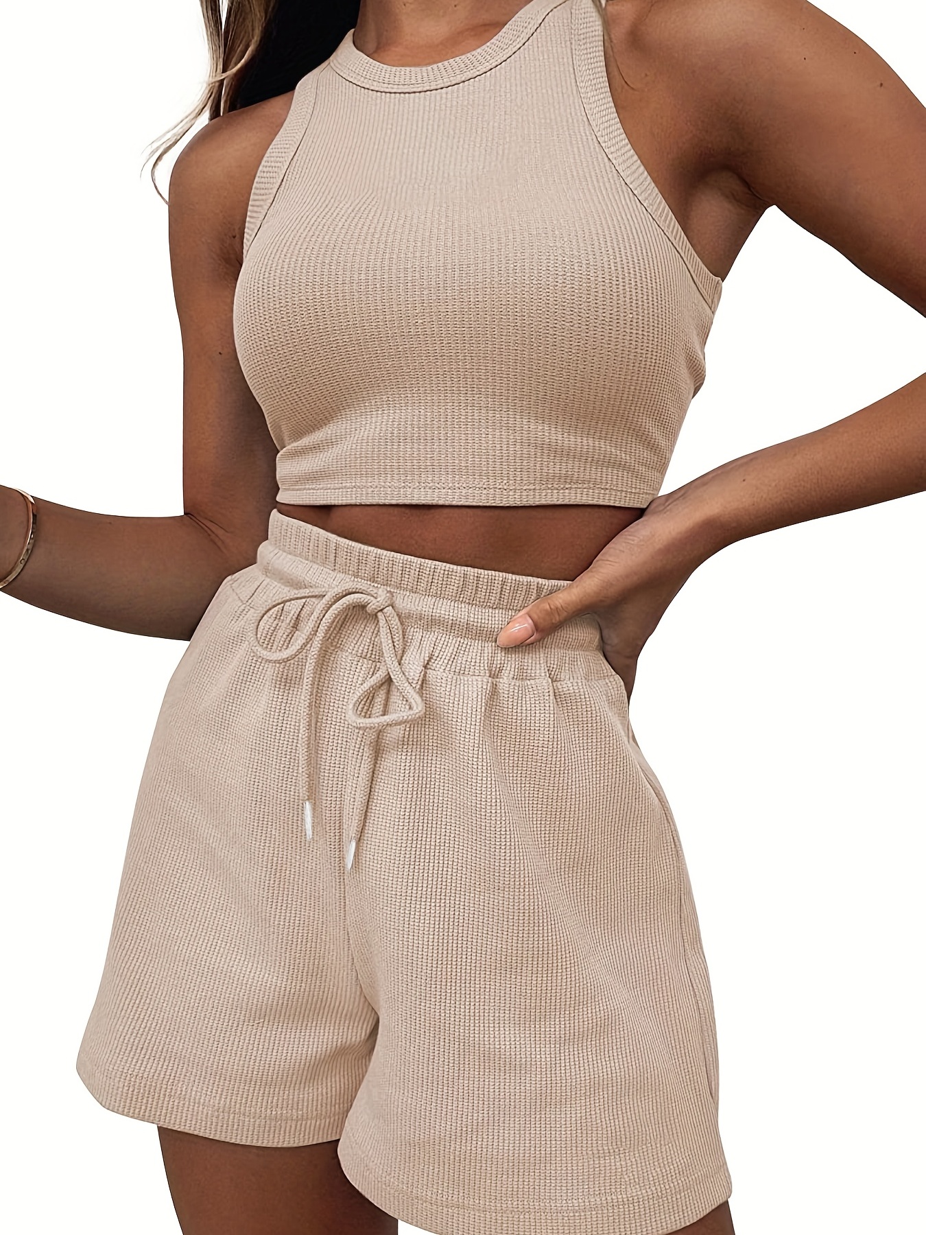 2 pieces casual sports suit solid rib knitting outdoor set crew neck sleeveless crop top drawstring shorts womens clothing details 26