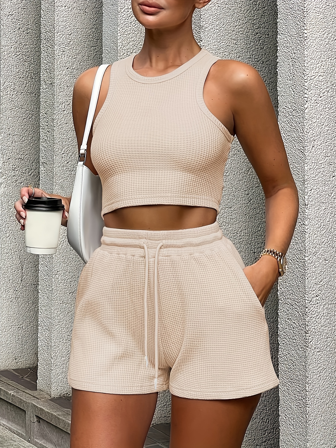 2 pieces casual sports suit solid rib knitting outdoor set crew neck sleeveless crop top drawstring shorts womens clothing details 31