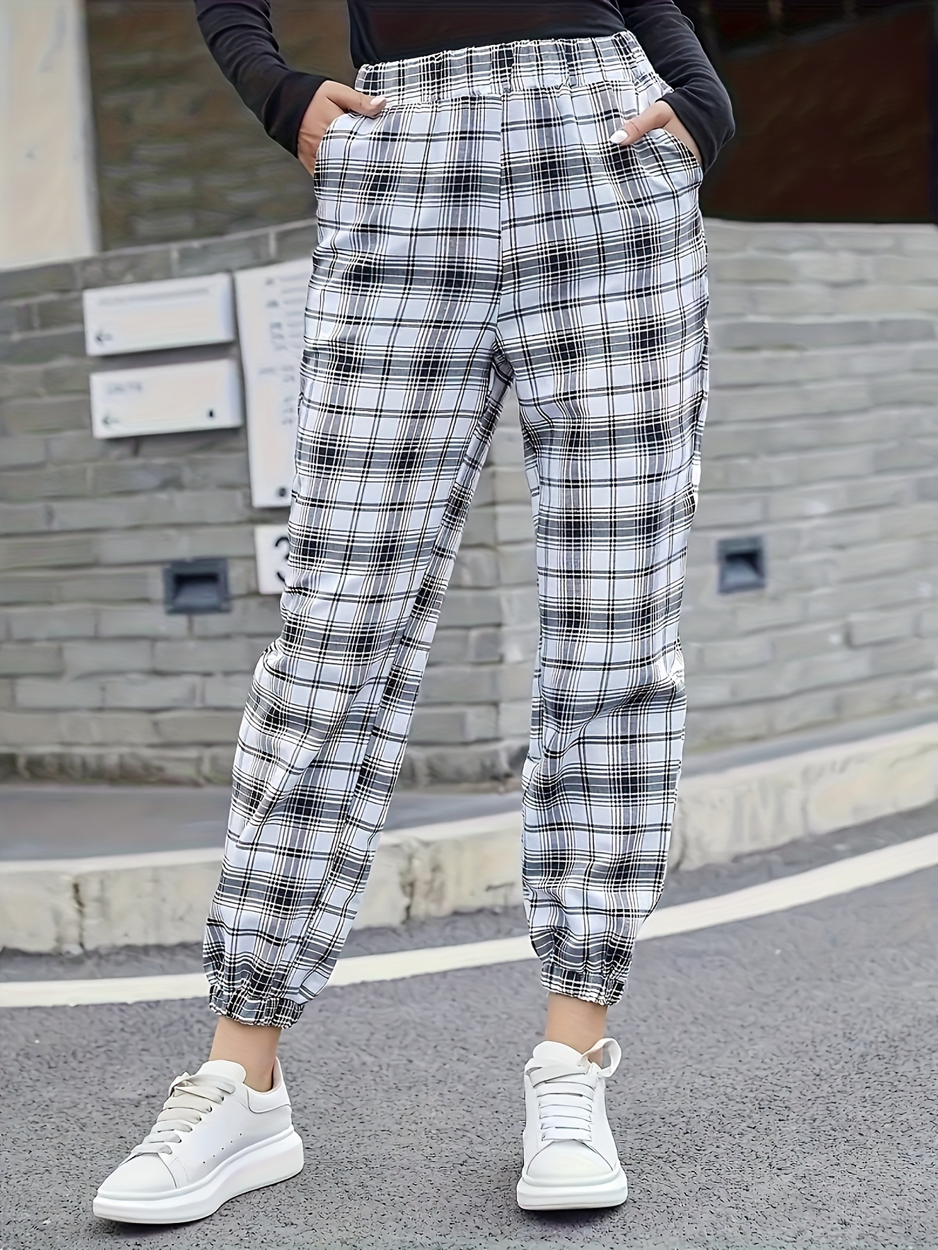 plaid print casual jogger pants loose fit slight stretch slant pockets sports trousers womens activewear details 1