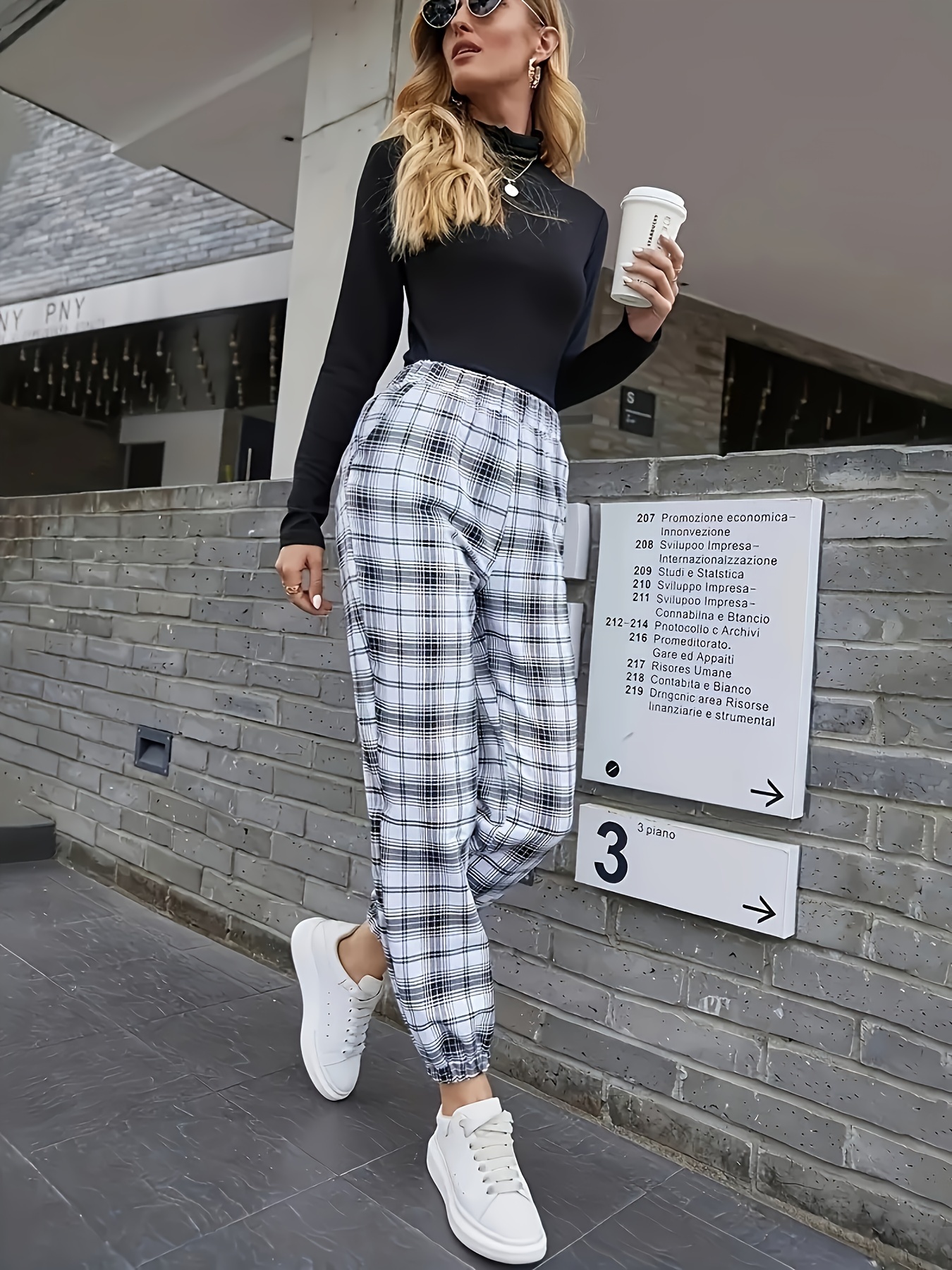 plaid print casual jogger pants loose fit slight stretch slant pockets sports trousers womens activewear details 4