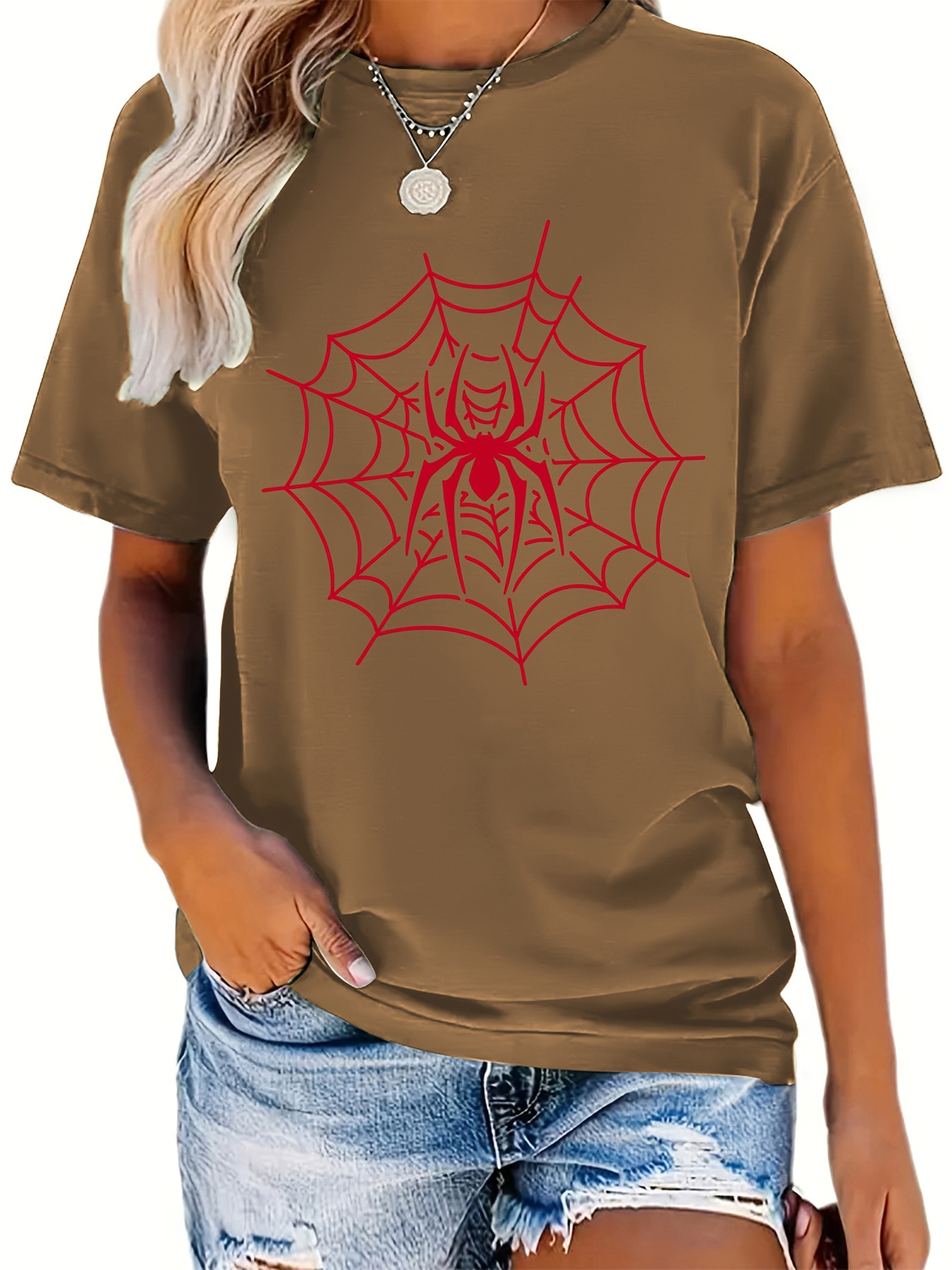 spider web print versatile t shirt round neck short sleeves stretchy casual tee halloween womens sports top details 6