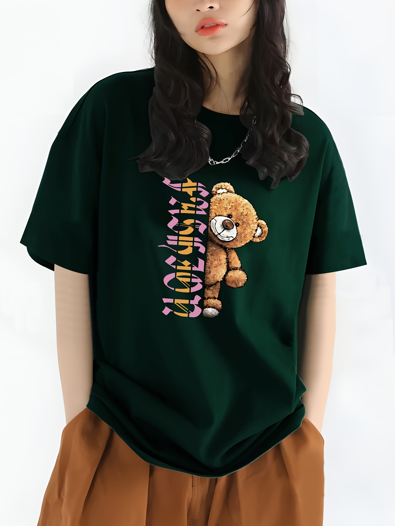 fashion letter bear print sports top casual crew neck short sleeve street t shirt womens clothing details 0