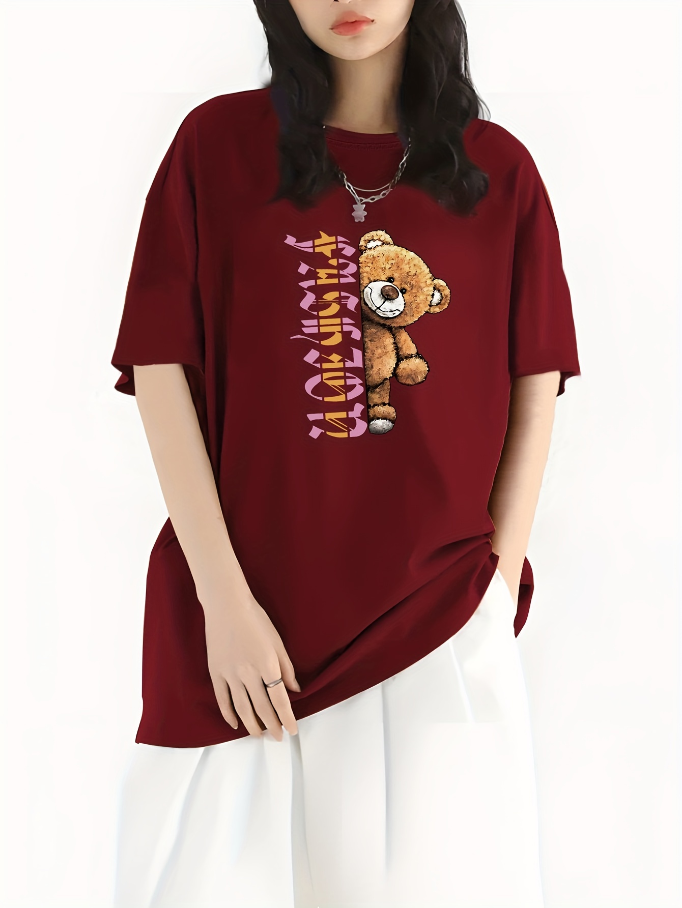 fashion letter bear print sports top casual crew neck short sleeve street t shirt womens clothing details 5