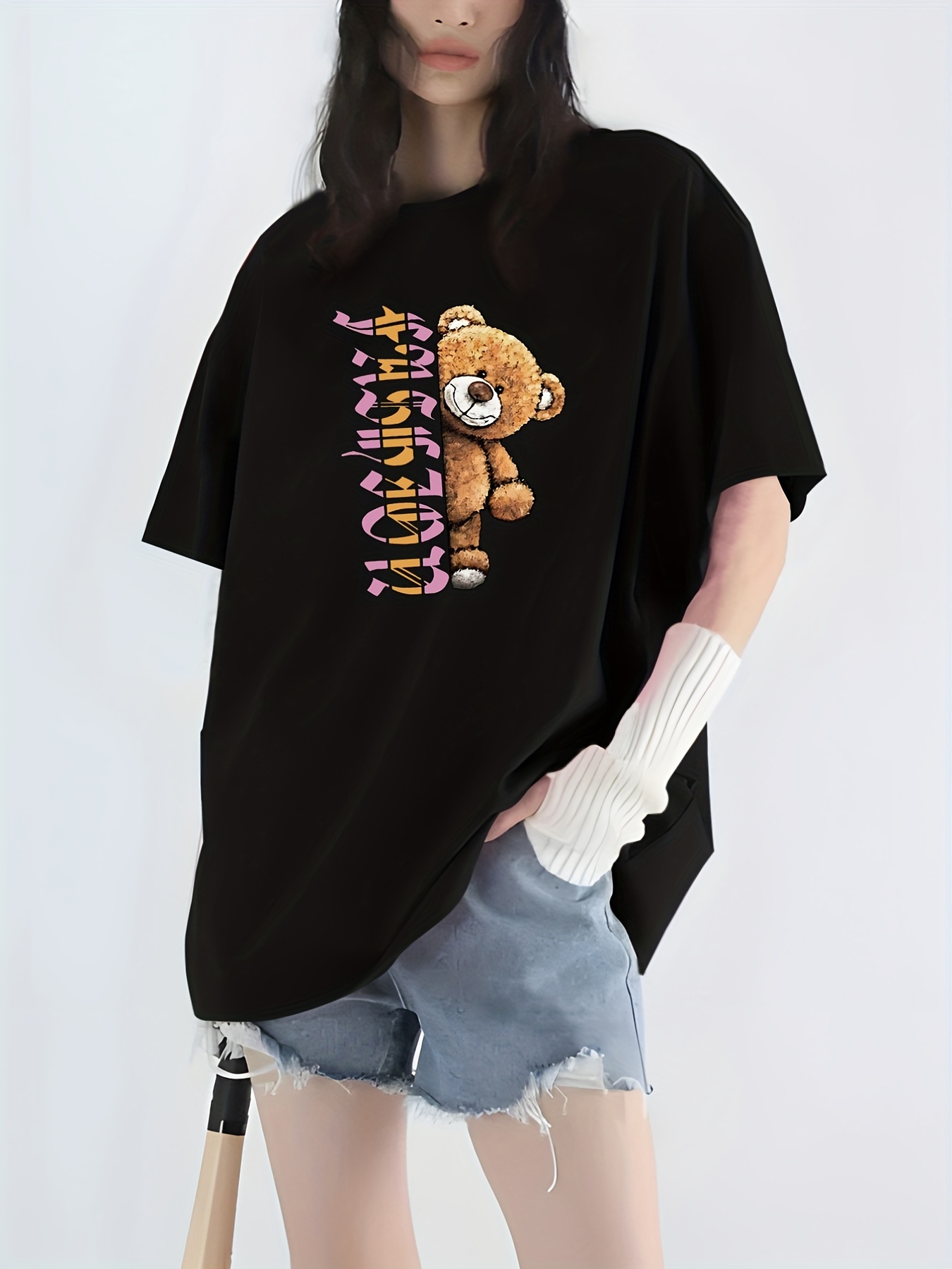 fashion letter bear print sports top casual crew neck short sleeve street t shirt womens clothing details 10