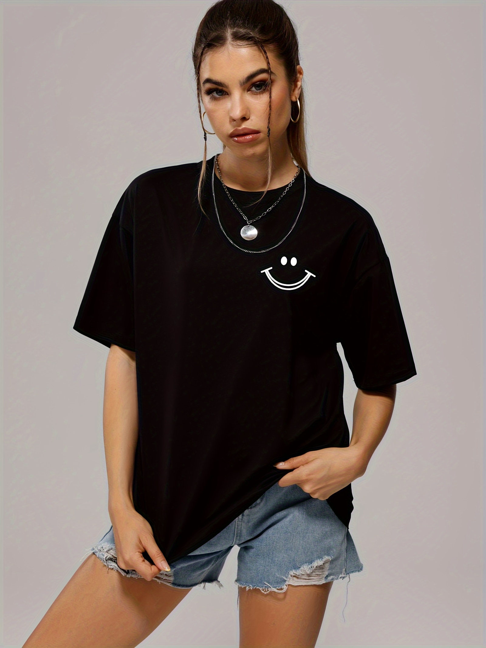 smiling face print t shirt fashion casual crew neck short sleeve sport t shirt casual daily tops womens clothing details 1