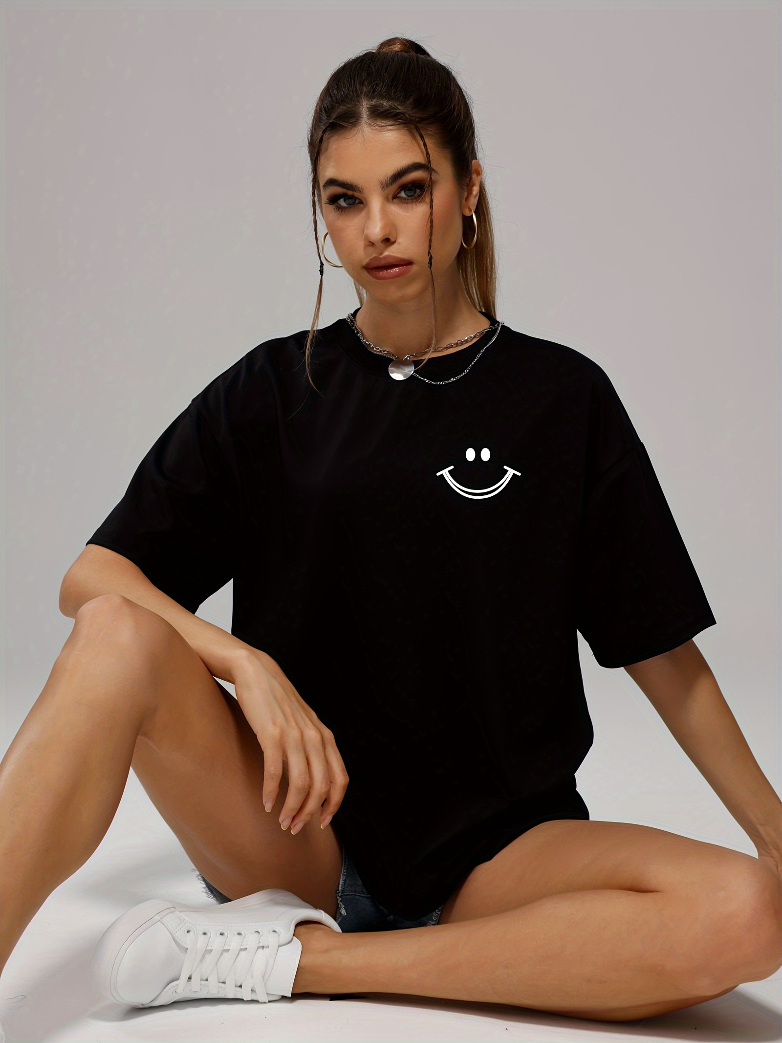 smiling face print t shirt fashion casual crew neck short sleeve sport t shirt casual daily tops womens clothing details 2