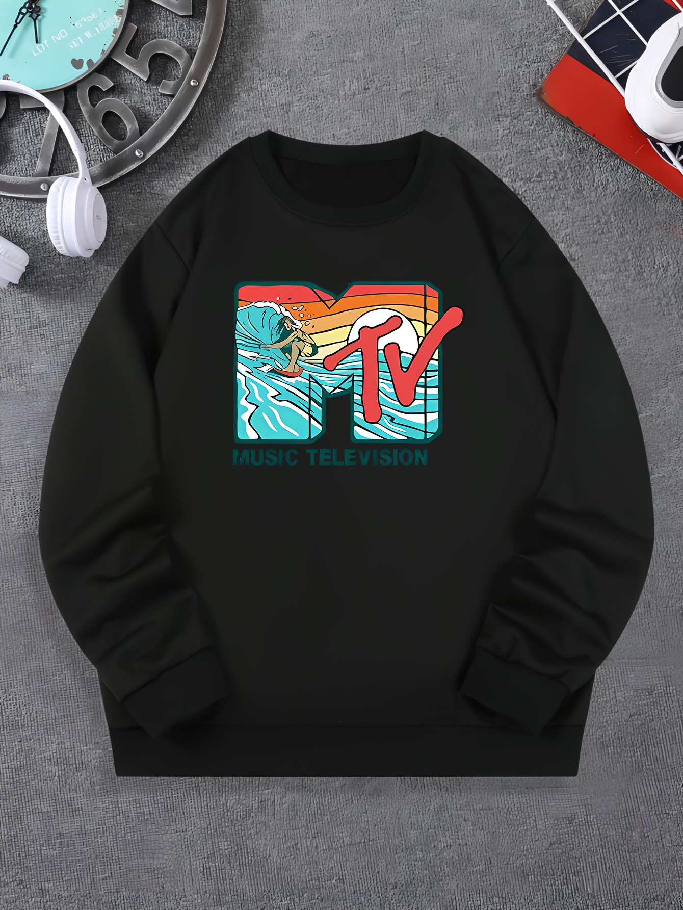 music television print fashionable mens casual long sleeve crew neck pullover sweatshirt suitable for outdoor sports for autumn spring can be paired with hip hop necklace as gifts details 6