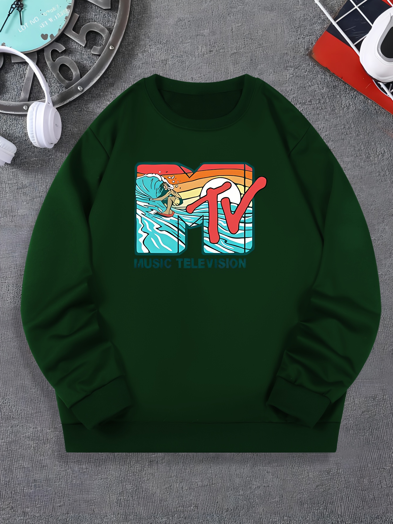 music television print fashionable mens casual long sleeve crew neck pullover sweatshirt suitable for outdoor sports for autumn spring can be paired with hip hop necklace as gifts details 12