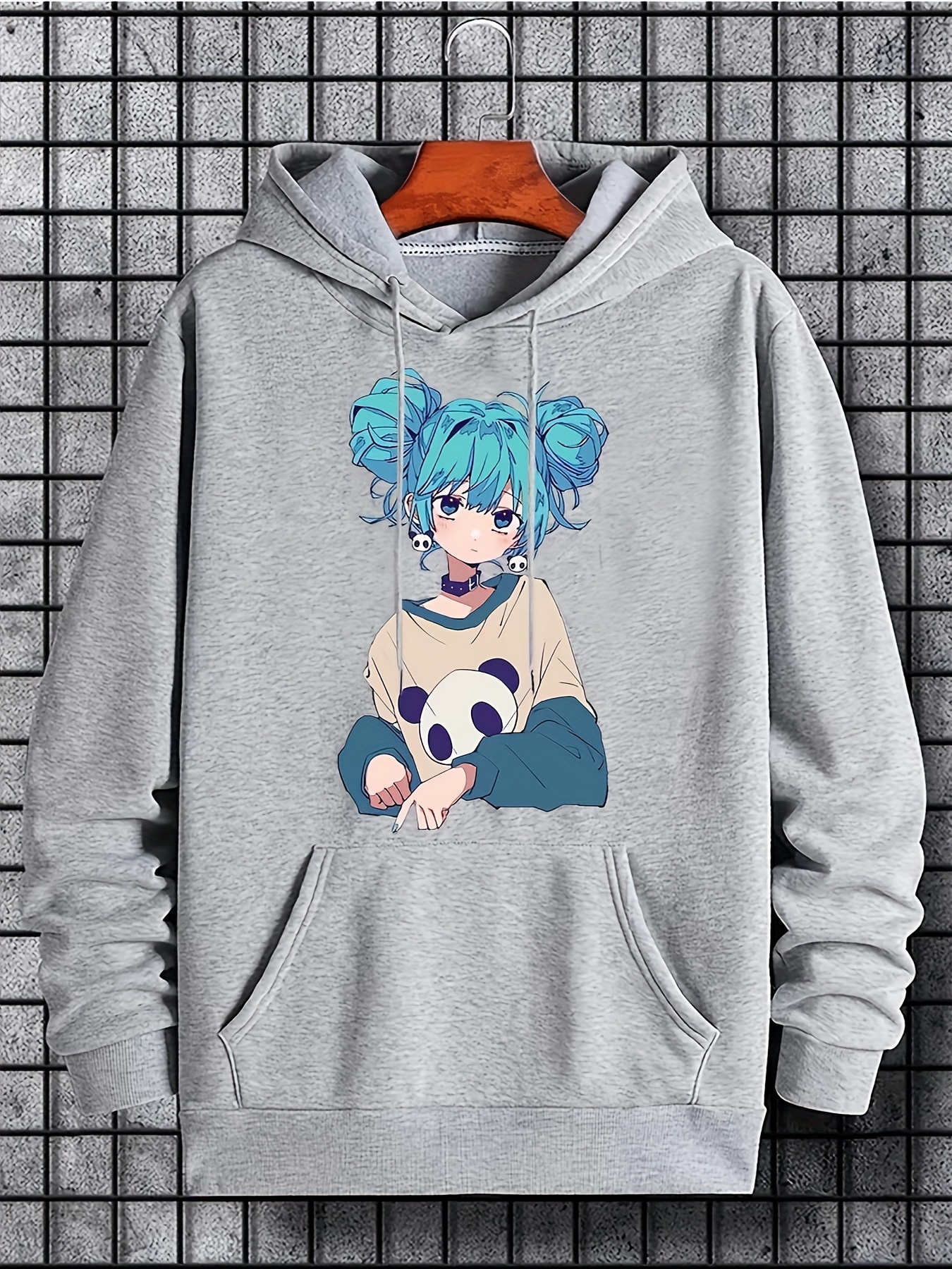 anime girl pattern hoodie with kangaroo pocket mens casual stretch pullover hooded sweatshirt details 5