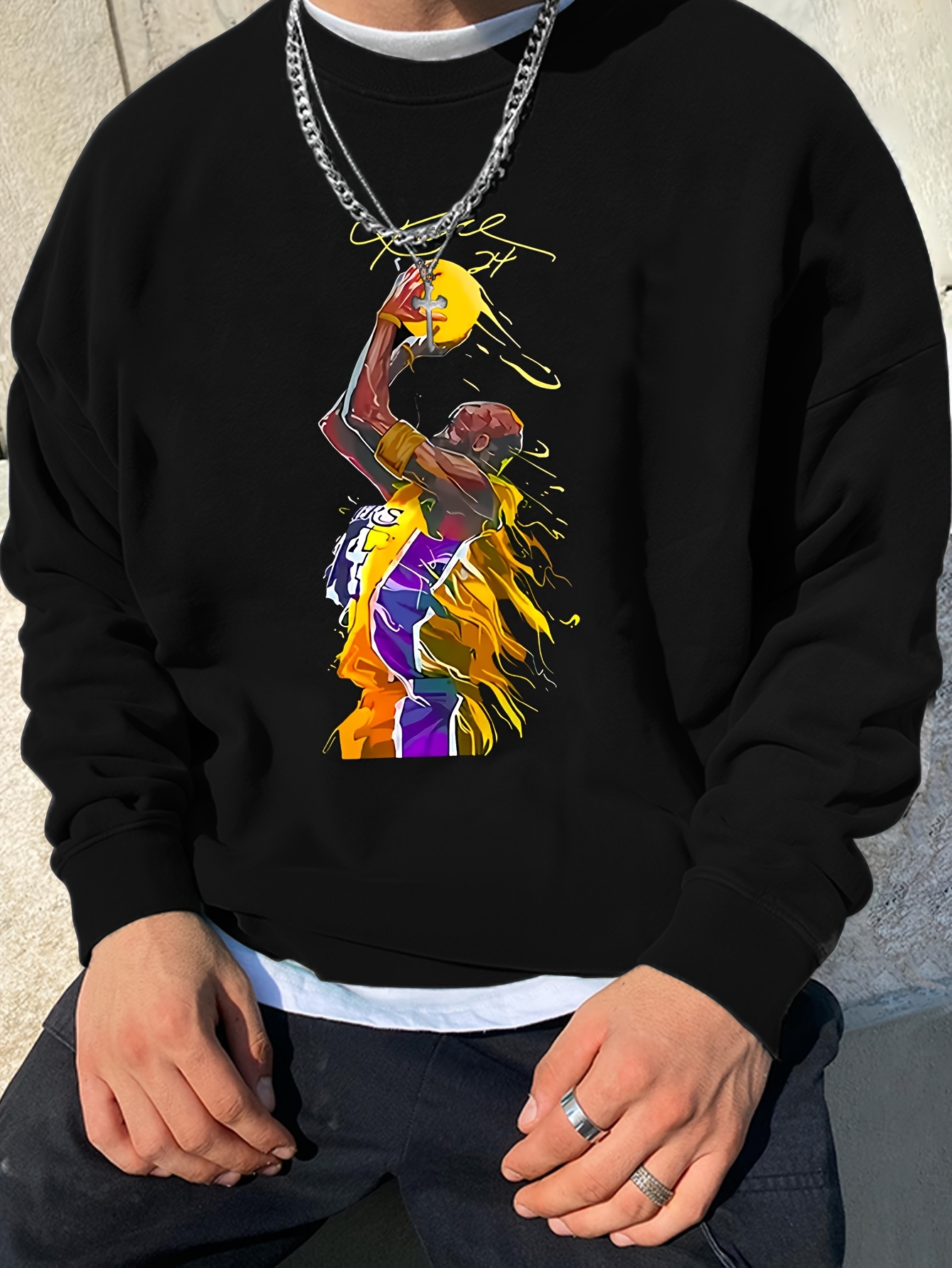 fashionable mens casual basketball player pattern print long sleeve round neck pullover sweatshirt suitable for outdoor sports for autumn and winter can be paired with hip hop necklace as gifts details 6