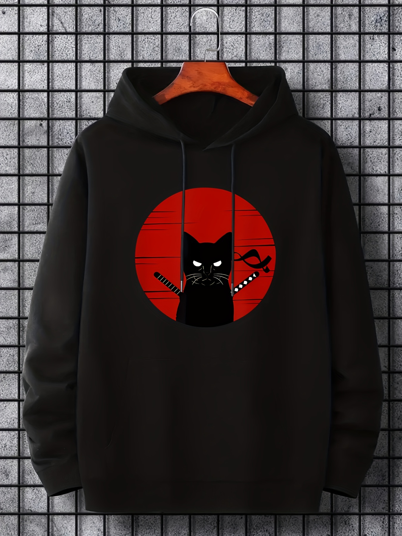 ninja cat print hoodie cool hoodies for men mens casual graphic design pullover hooded sweatshirt with kangaroo pocket streetwear for winter fall as gifts details 30