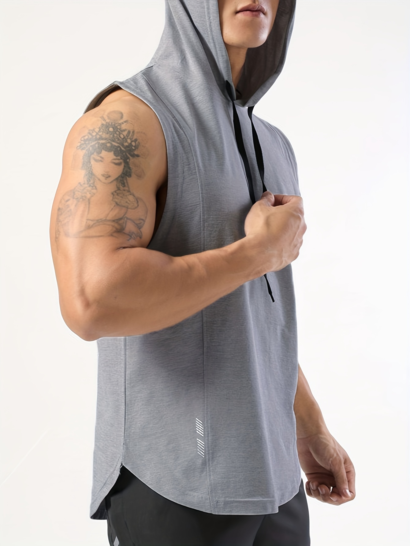 mens sleeveless drawstring hooded vest with reflective patterns activewear tank top for gym workout details 12