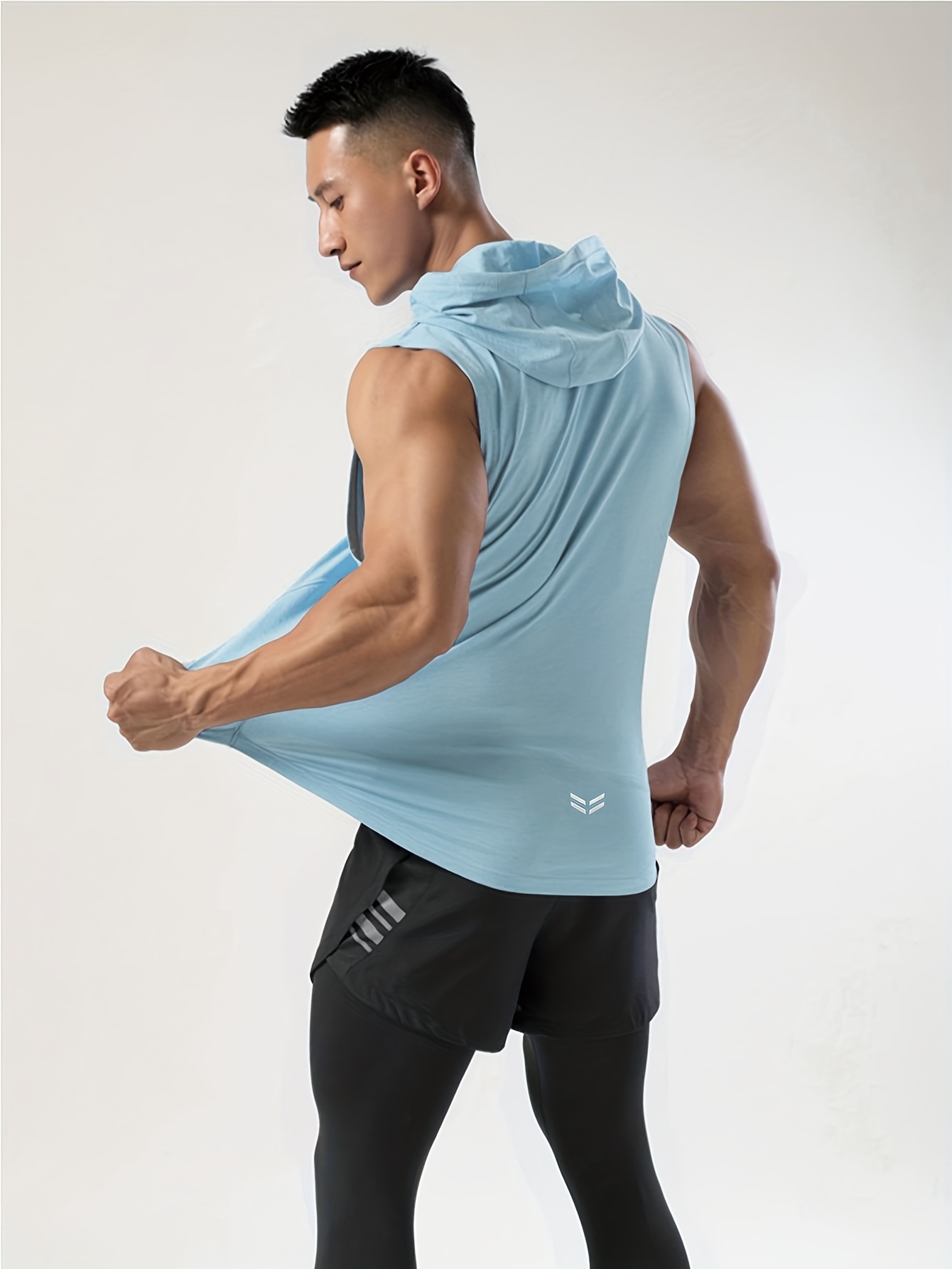 mens sleeveless drawstring hooded vest with reflective patterns activewear tank top for gym workout details 31