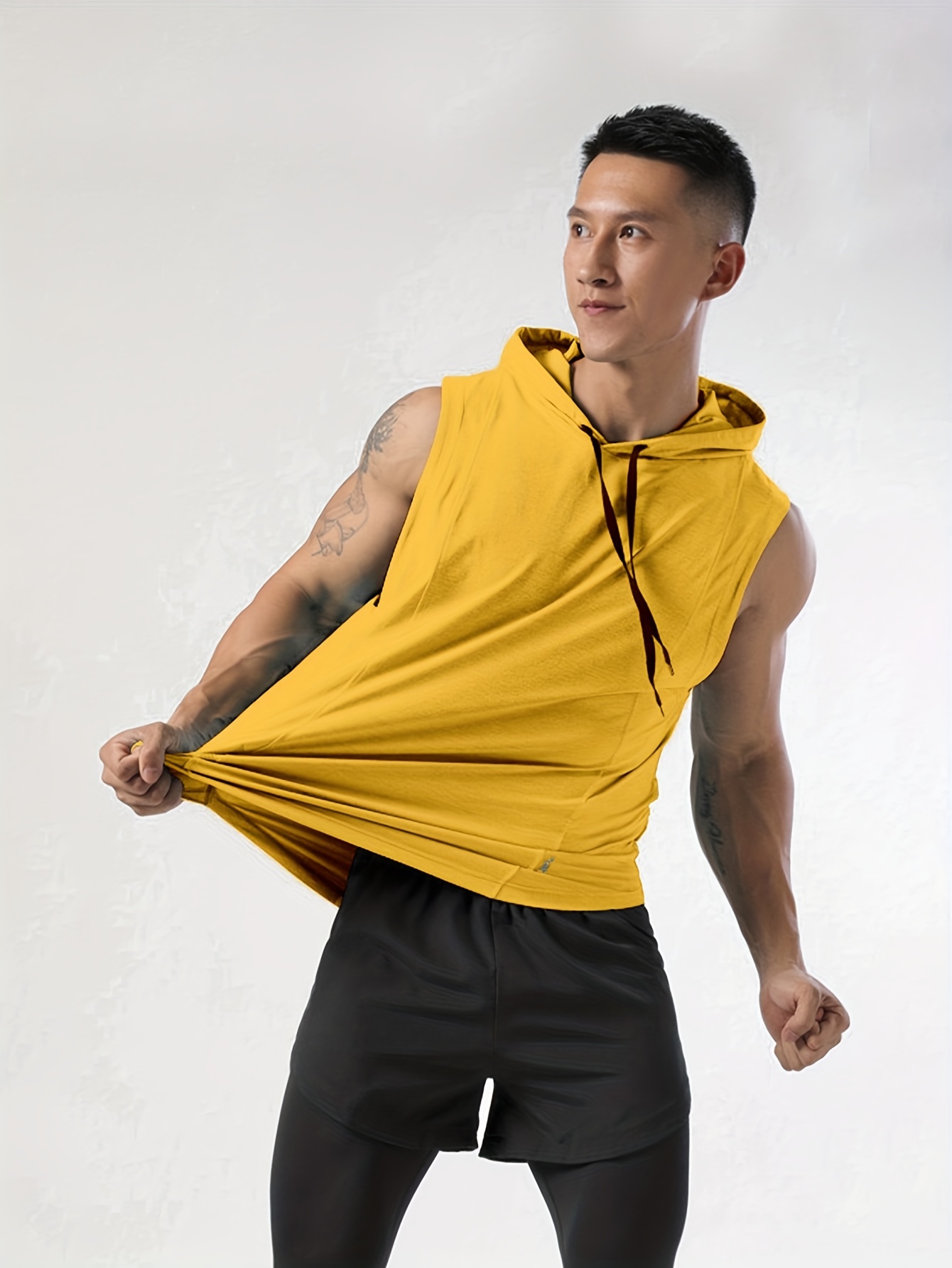 mens sleeveless drawstring hooded vest with reflective patterns activewear tank top for gym workout details 40