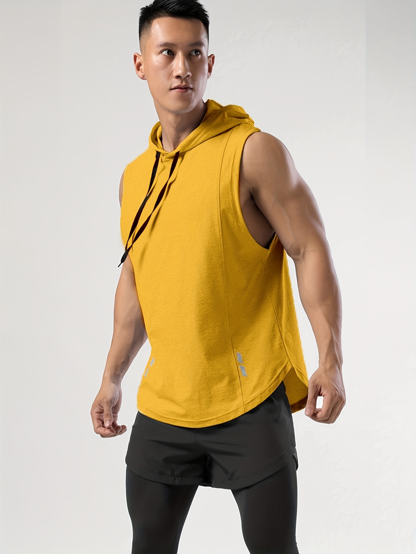 mens sleeveless drawstring hooded vest with reflective patterns activewear tank top for gym workout details 42