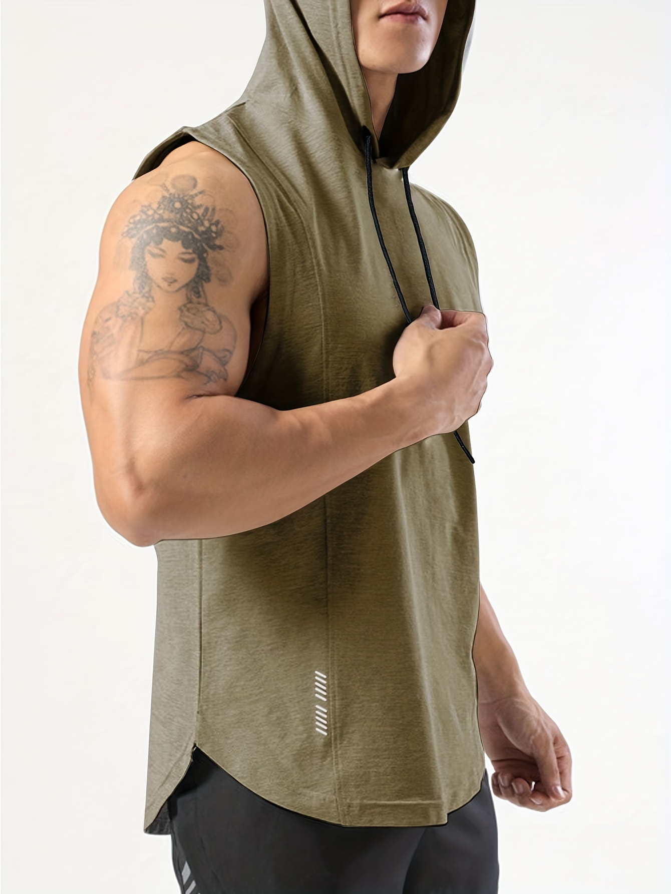 mens sleeveless drawstring hooded vest with reflective patterns activewear tank top for gym workout details 45