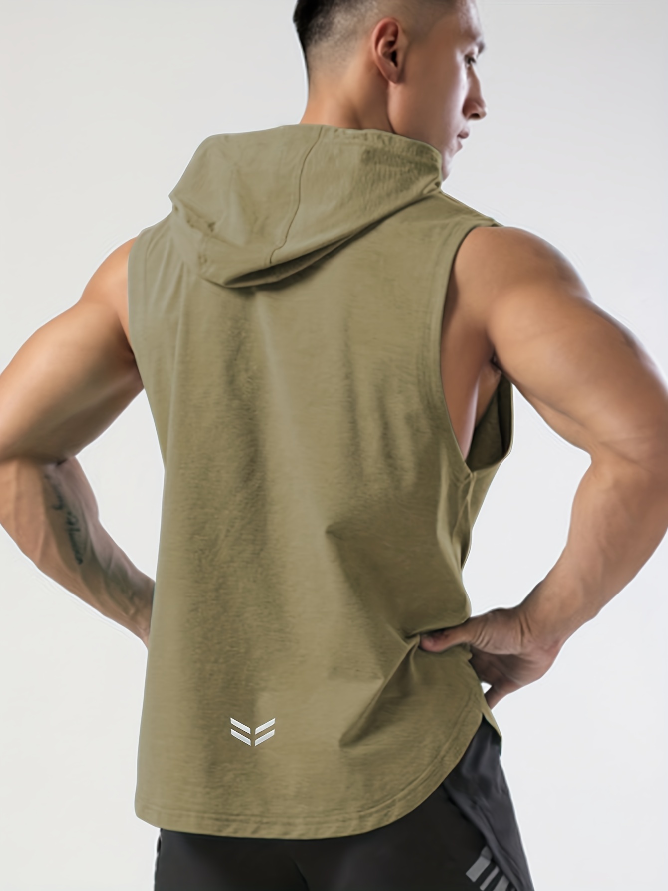 mens sleeveless drawstring hooded vest with reflective patterns activewear tank top for gym workout details 46