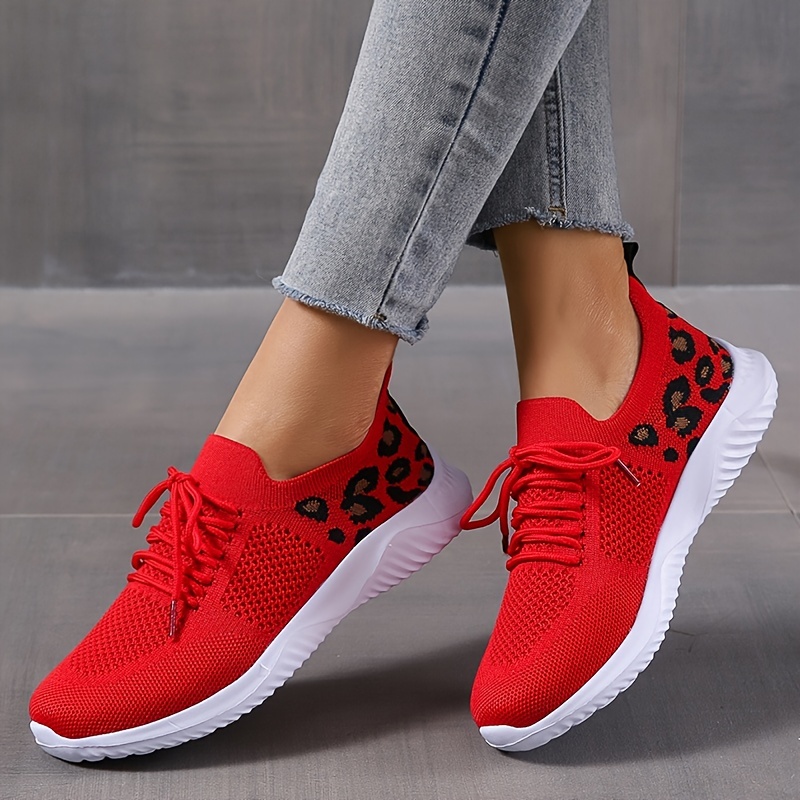 womens casual sneakers flying woven leopard pattern breathable lace up running shoes womens footwear details 0