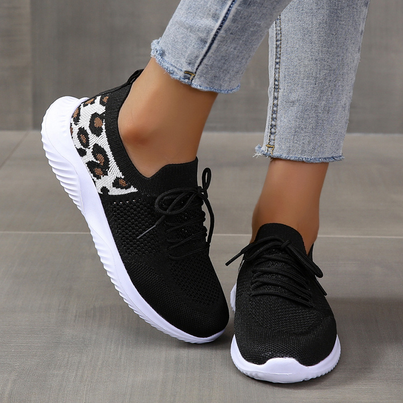 womens casual sneakers flying woven leopard pattern breathable lace up running shoes womens footwear details 5