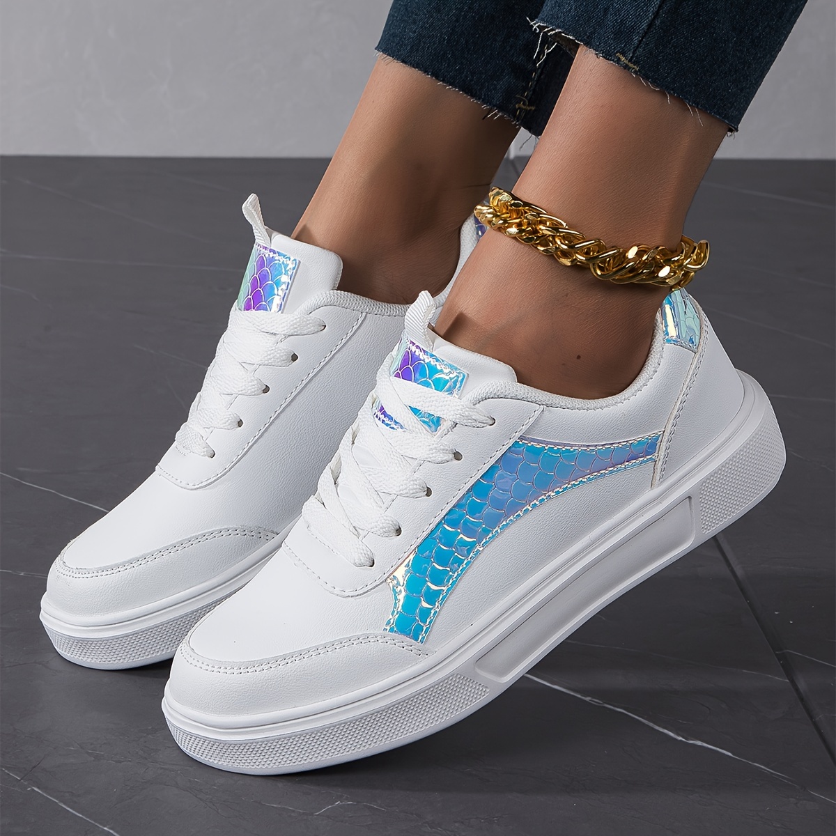 womens fashion flat skate shoes all match round toe lace up low top sneakers all match walking trainers details 7