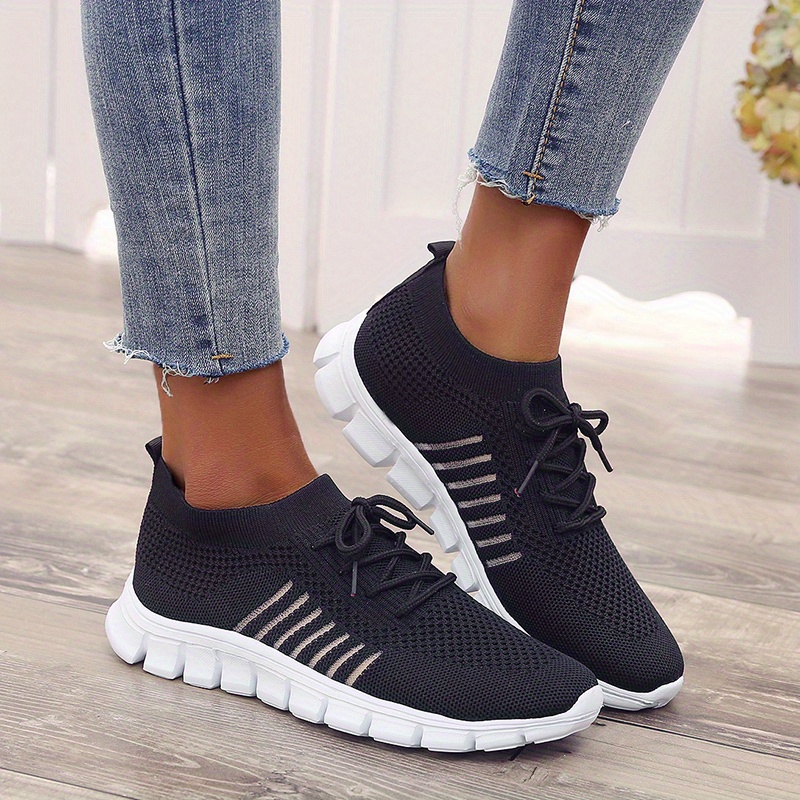 womens knitted sports shoes lightweight lace up low top running shoes casual outdoor gym sneakers details 34