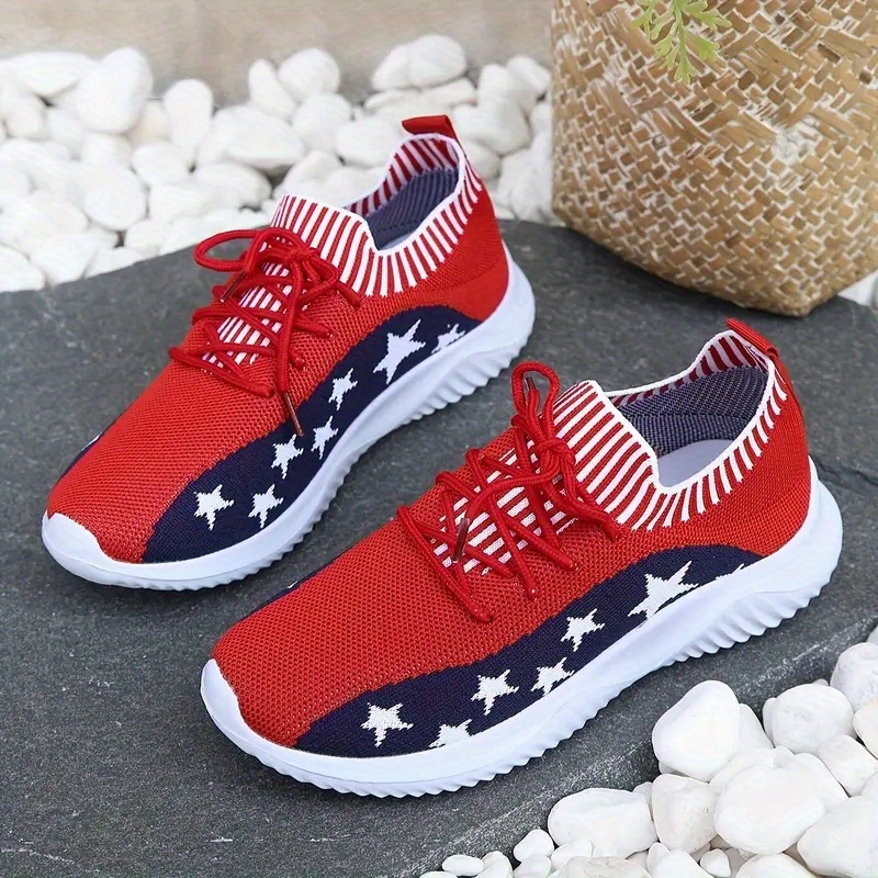 womens star pattern sneakers casual lace up running shoes breathable knitted sports shoes details 2