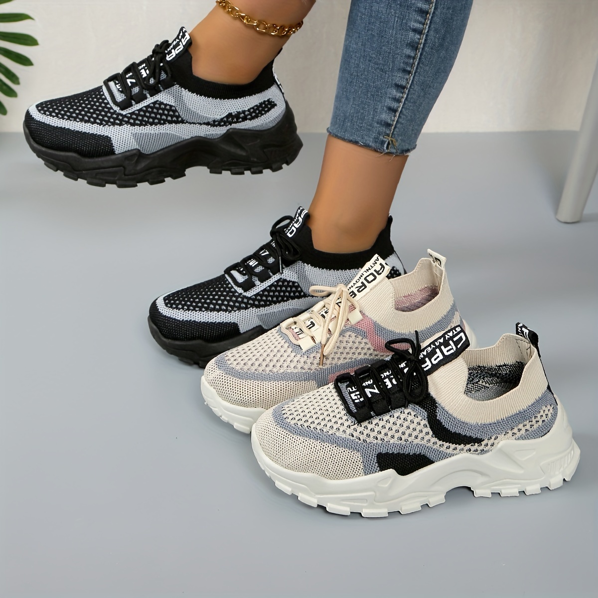 womens knit chunky sneakers colorblock lace up low top running sports shoes breathable walking trainers details 5