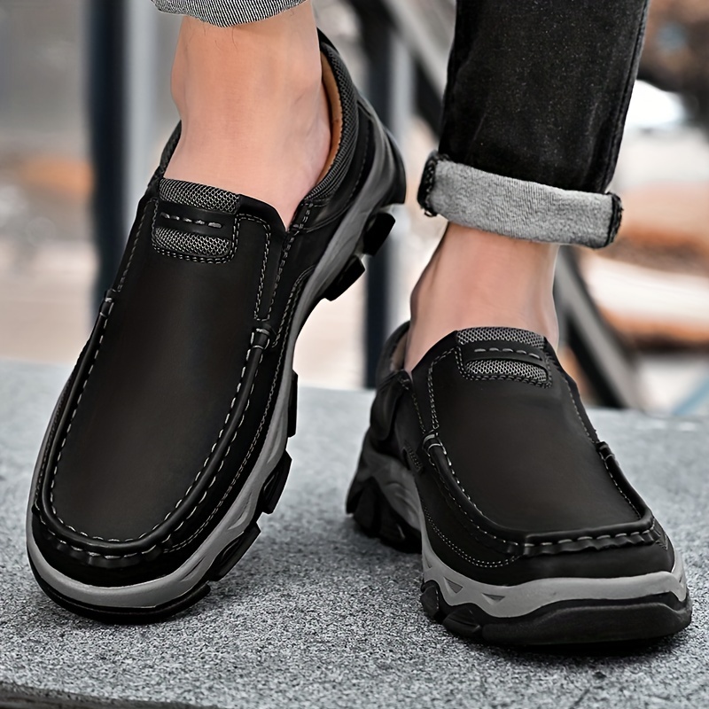 Plus Size Men s Top Grain Leather Solid Colour Slip On Loafer Shoes, Comfy Non Slip Rubber Sole Walking Shoes For Men s Outdoor Activities details 4