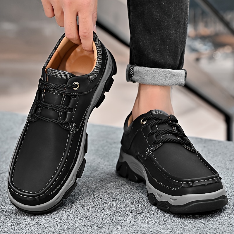 Plus Size Men s Top Grain Leather Vintage Solid Colour Old School Style Walking Shoes, Comfy Non Slip Rubber Sole Lace Up Shoes For Men s Outdoor Activities details 9