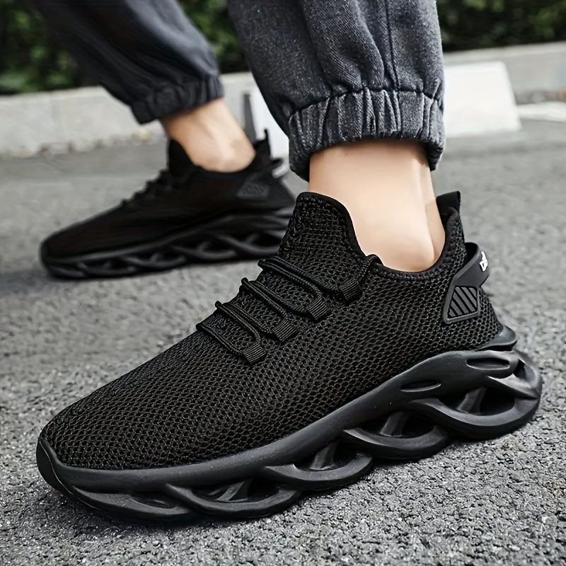 mens solid woven knit breathable blade type shoes comfy non slip lace up soft sole sneakers for mens outdoor activities details 3